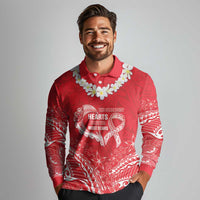 Heart Health Awareness Long Sleeve Polo Shirt Polynesian Red Ribbon