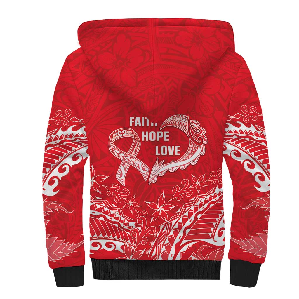 Heart Health Awareness Sherpa Hoodie Polynesian Red Ribbon
