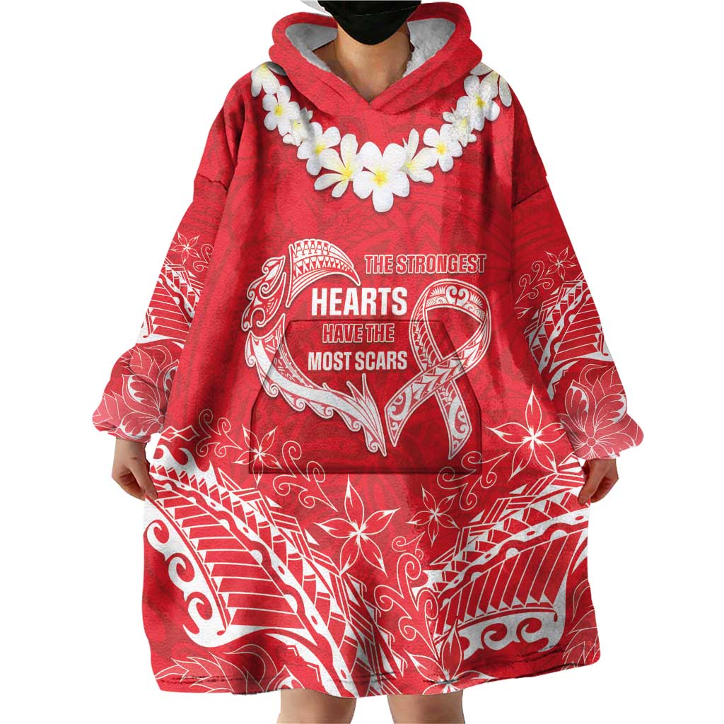 Heart Health Awareness Wearable Blanket Hoodie Polynesian Red Ribbon