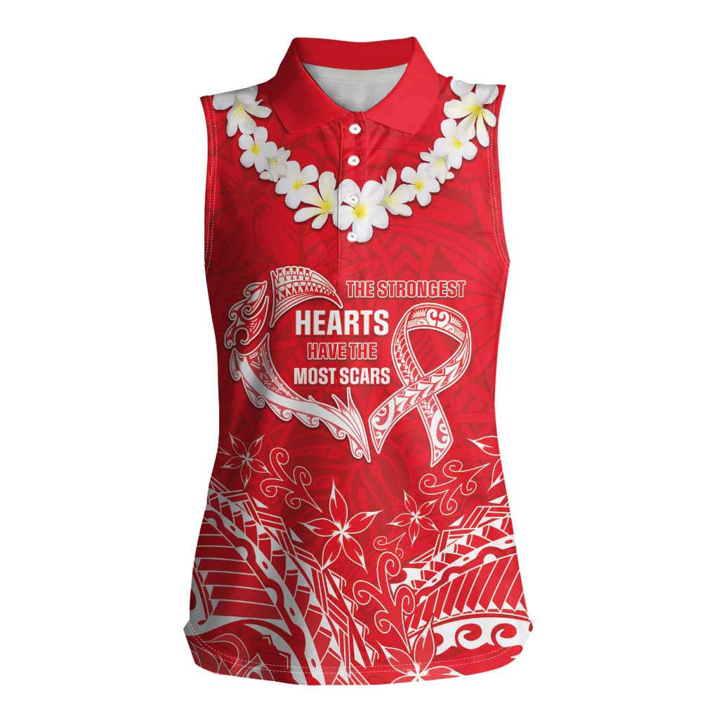 Heart Health Awareness Women Sleeveless Polo Shirt Polynesian Red Ribbon