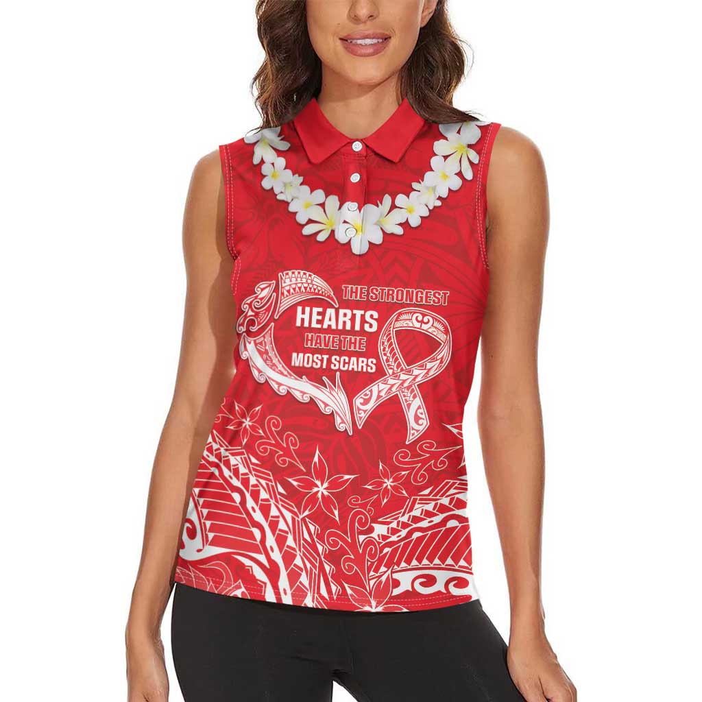 Heart Health Awareness Women Sleeveless Polo Shirt Polynesian Red Ribbon