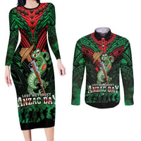 New Zealand ANZAC Day Couples Matching Long Sleeve Bodycon Dress and Long Sleeve Button Shirt Aotearoa Hei Tiki LT05 Green - Polynesian Pride