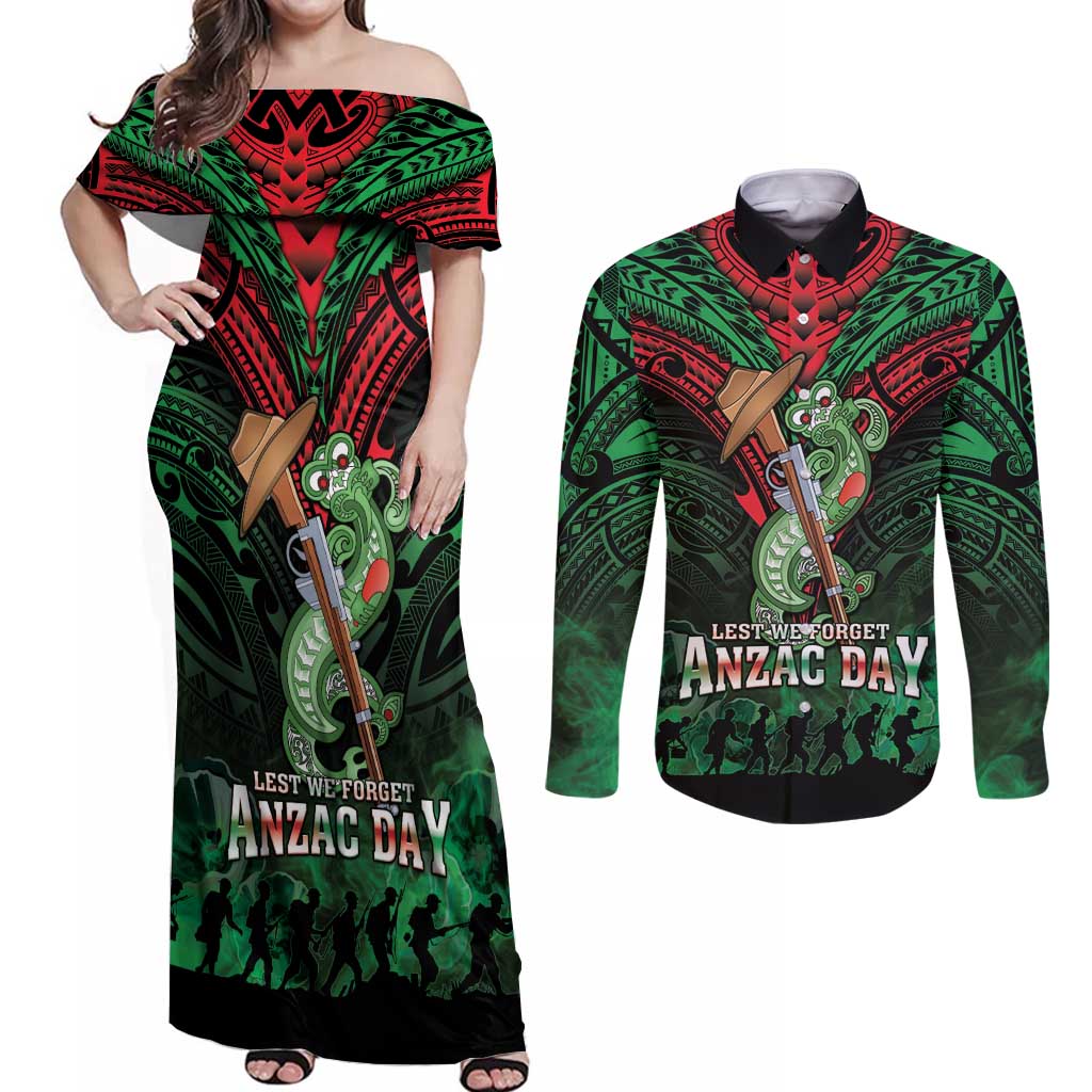 New Zealand ANZAC Day Couples Matching Off Shoulder Maxi Dress and Long Sleeve Button Shirt Aotearoa Hei Tiki LT05 Green - Polynesian Pride