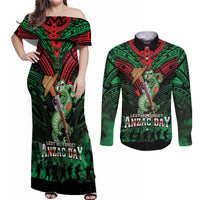 New Zealand ANZAC Day Couples Matching Off Shoulder Maxi Dress and Long Sleeve Button Shirt Aotearoa Hei Tiki LT05 Green - Polynesian Pride