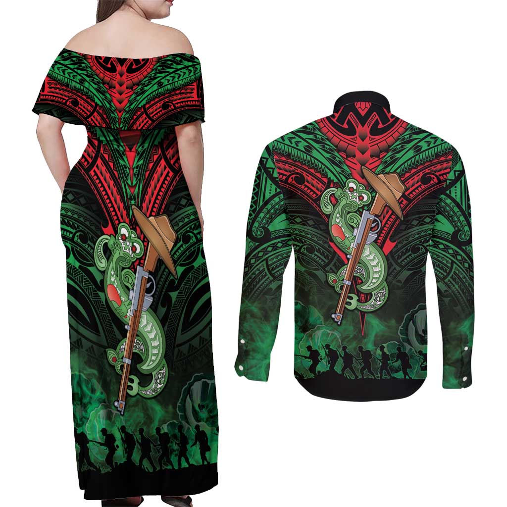 New Zealand ANZAC Day Couples Matching Off Shoulder Maxi Dress and Long Sleeve Button Shirt Aotearoa Hei Tiki LT05 - Polynesian Pride