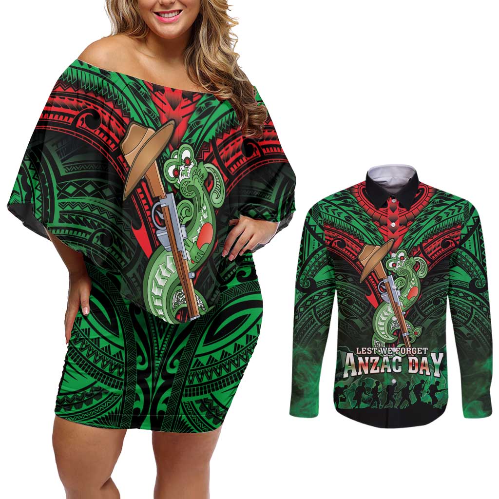 New Zealand ANZAC Day Couples Matching Off Shoulder Short Dress and Long Sleeve Button Shirt Aotearoa Hei Tiki LT05 Green - Polynesian Pride