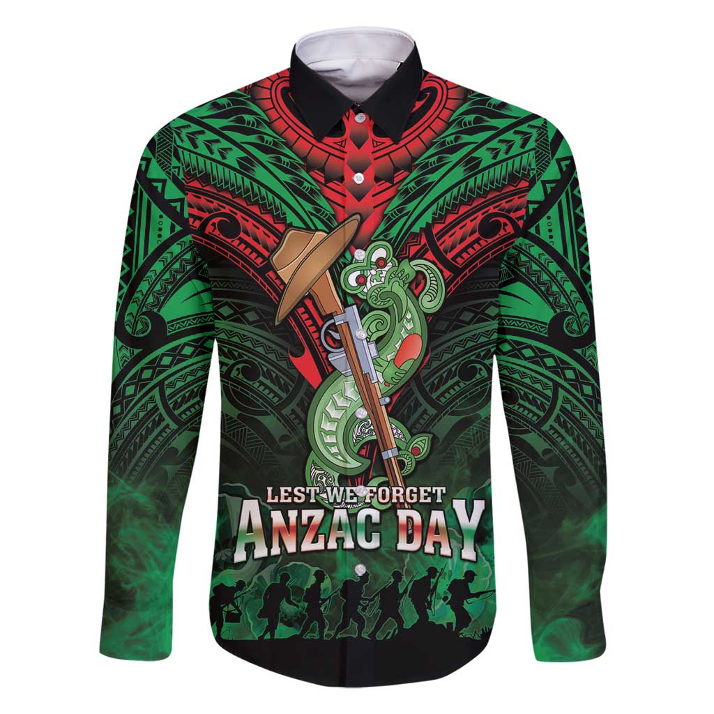 New Zealand ANZAC Day Family Matching Long Sleeve Bodycon Dress and Hawaiian Shirt Aotearoa Hei Tiki LT05 Dad's Shirt - Long Sleeve Green - Polynesian Pride