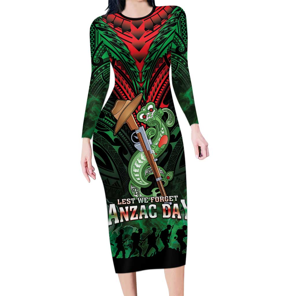 New Zealand ANZAC Day Family Matching Long Sleeve Bodycon Dress and Hawaiian Shirt Aotearoa Hei Tiki LT05 Mom's Dress Green - Polynesian Pride