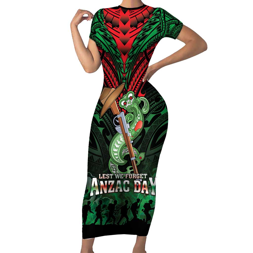 New Zealand ANZAC Day Family Matching Short Sleeve Bodycon Dress and Hawaiian Shirt Aotearoa Hei Tiki LT05 Mom's Dress Green - Polynesian Pride