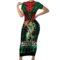 New Zealand ANZAC Day Family Matching Short Sleeve Bodycon Dress and Hawaiian Shirt Aotearoa Hei Tiki LT05 Mom's Dress Green - Polynesian Pride
