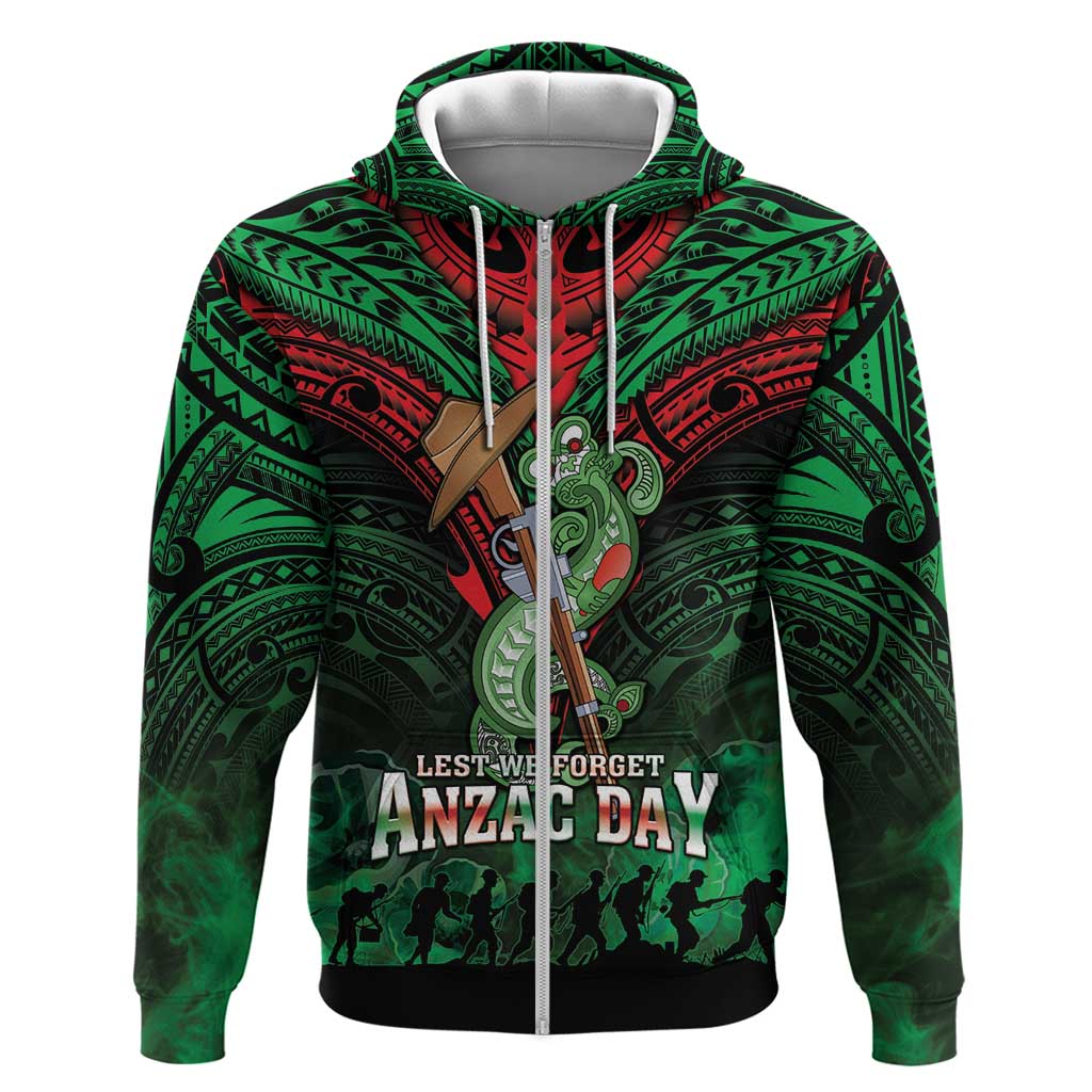 New Zealand ANZAC Day Zip Hoodie Aotearoa Hei Tiki LT05 Zip Hoodie Green - Polynesian Pride