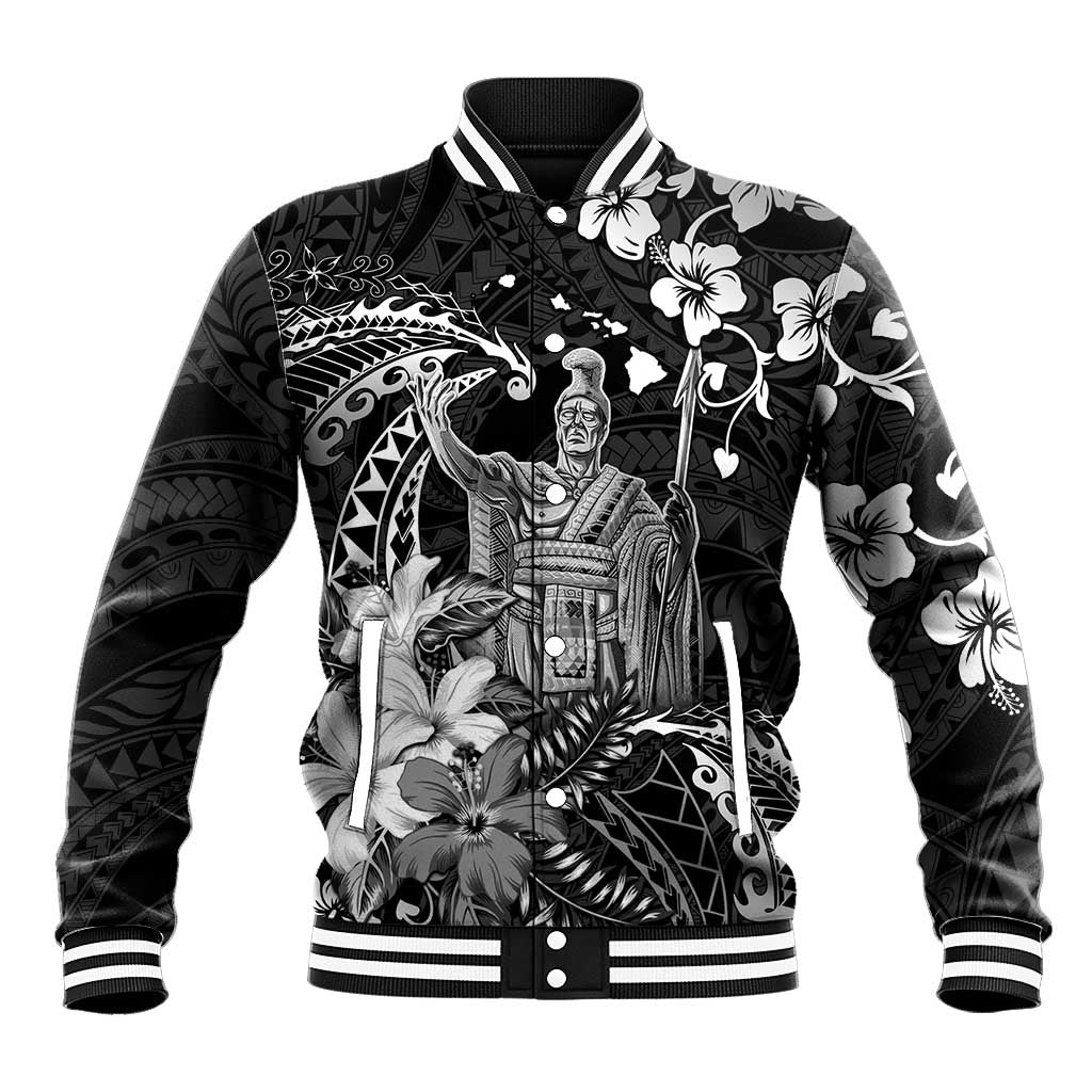 Hawaii King Kamehameha Day Baseball Jacket Polynesian Pattern Mix Hibiscus Black