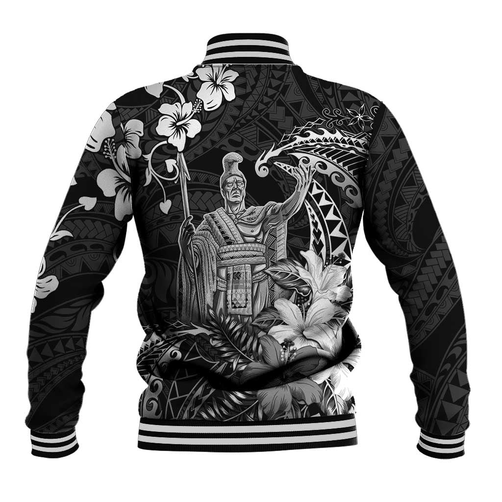 Hawaii King Kamehameha Day Baseball Jacket Polynesian Pattern Mix Hibiscus Black