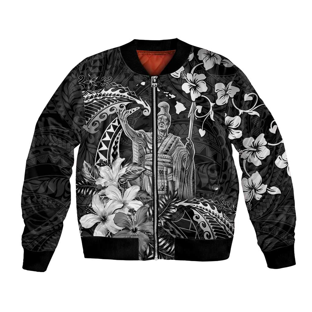 Hawaii King Kamehameha Day Bomber Jacket Polynesian Pattern Mix Hibiscus Black