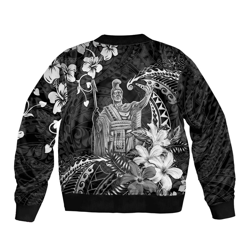 Hawaii King Kamehameha Day Bomber Jacket Polynesian Pattern Mix Hibiscus Black