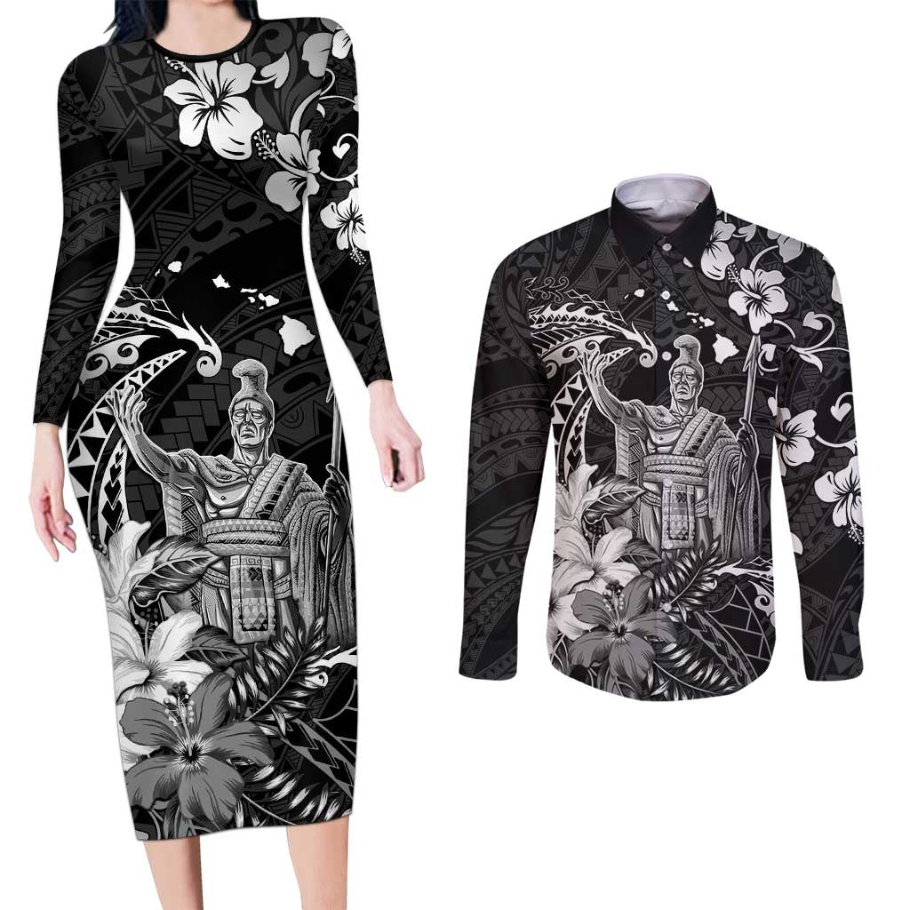 Hawaii King Kamehameha Day Couples Matching Long Sleeve Bodycon Dress and Long Sleeve Button Shirt Polynesian Pattern Mix Hibiscus Black