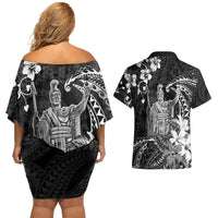 Hawaii King Kamehameha Day Couples Matching Off Shoulder Short Dress and Hawaiian Shirt Polynesian Pattern Mix Hibiscus Black