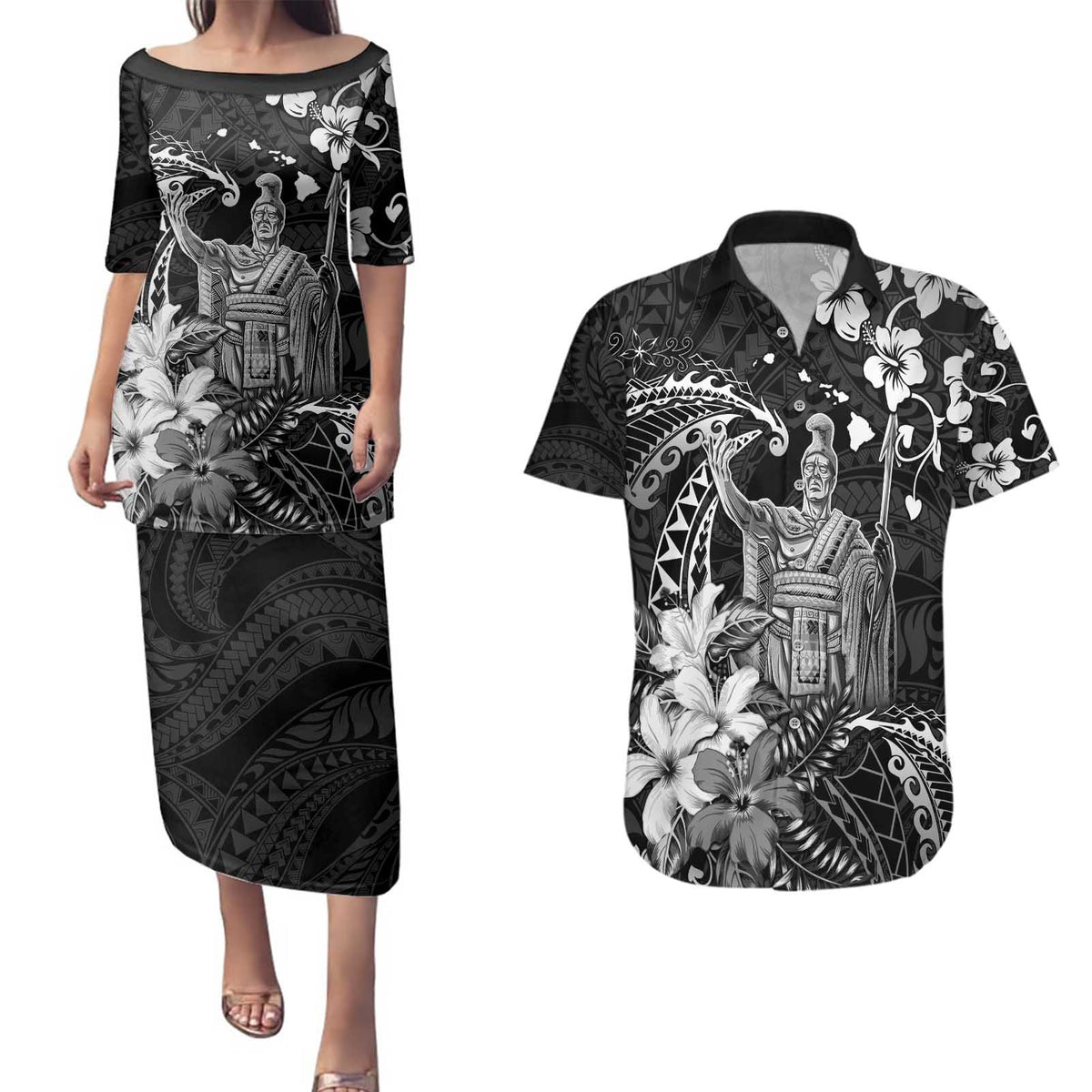 Hawaii King Kamehameha Day Couples Matching Puletasi and Hawaiian Shirt Polynesian Pattern Mix Hibiscus Black