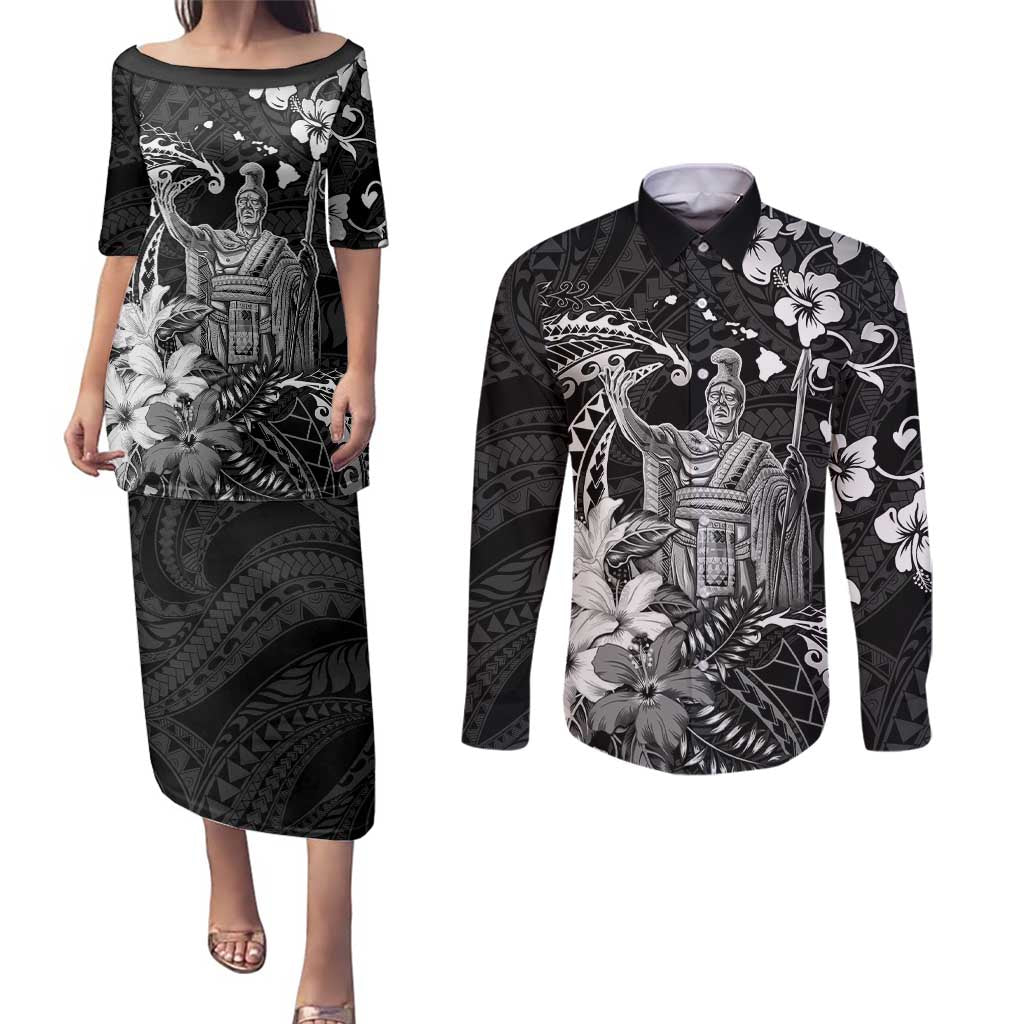 Hawaii King Kamehameha Day Couples Matching Puletasi and Long Sleeve Button Shirt Polynesian Pattern Mix Hibiscus Black