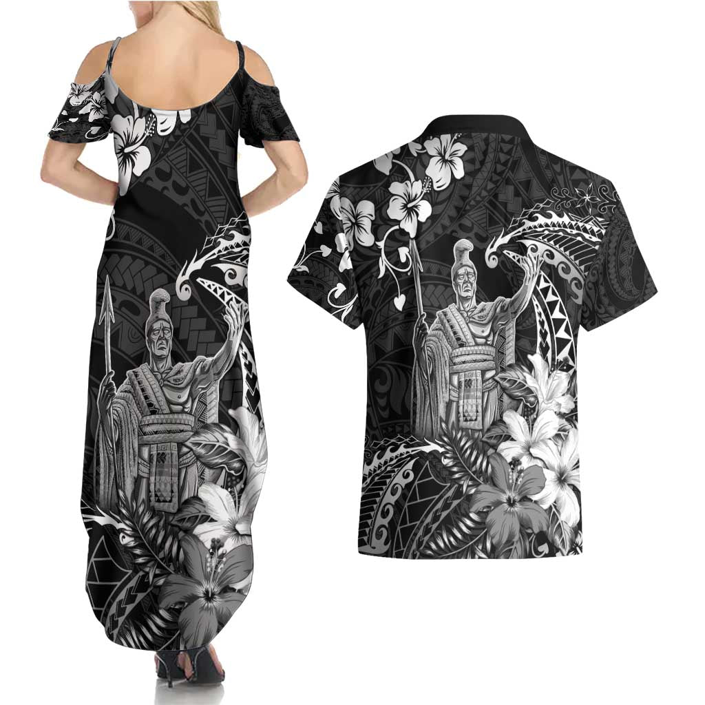 Hawaii King Kamehameha Day Couples Matching Summer Maxi Dress and Hawaiian Shirt Polynesian Pattern Mix Hibiscus Black