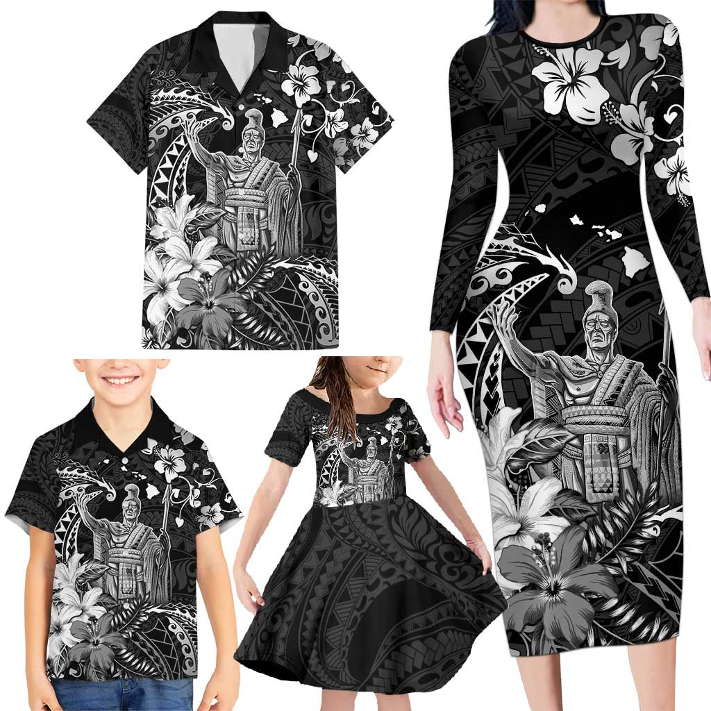 Hawaii King Kamehameha Day Family Matching Long Sleeve Bodycon Dress and Hawaiian Shirt Polynesian Pattern Mix Hibiscus Black