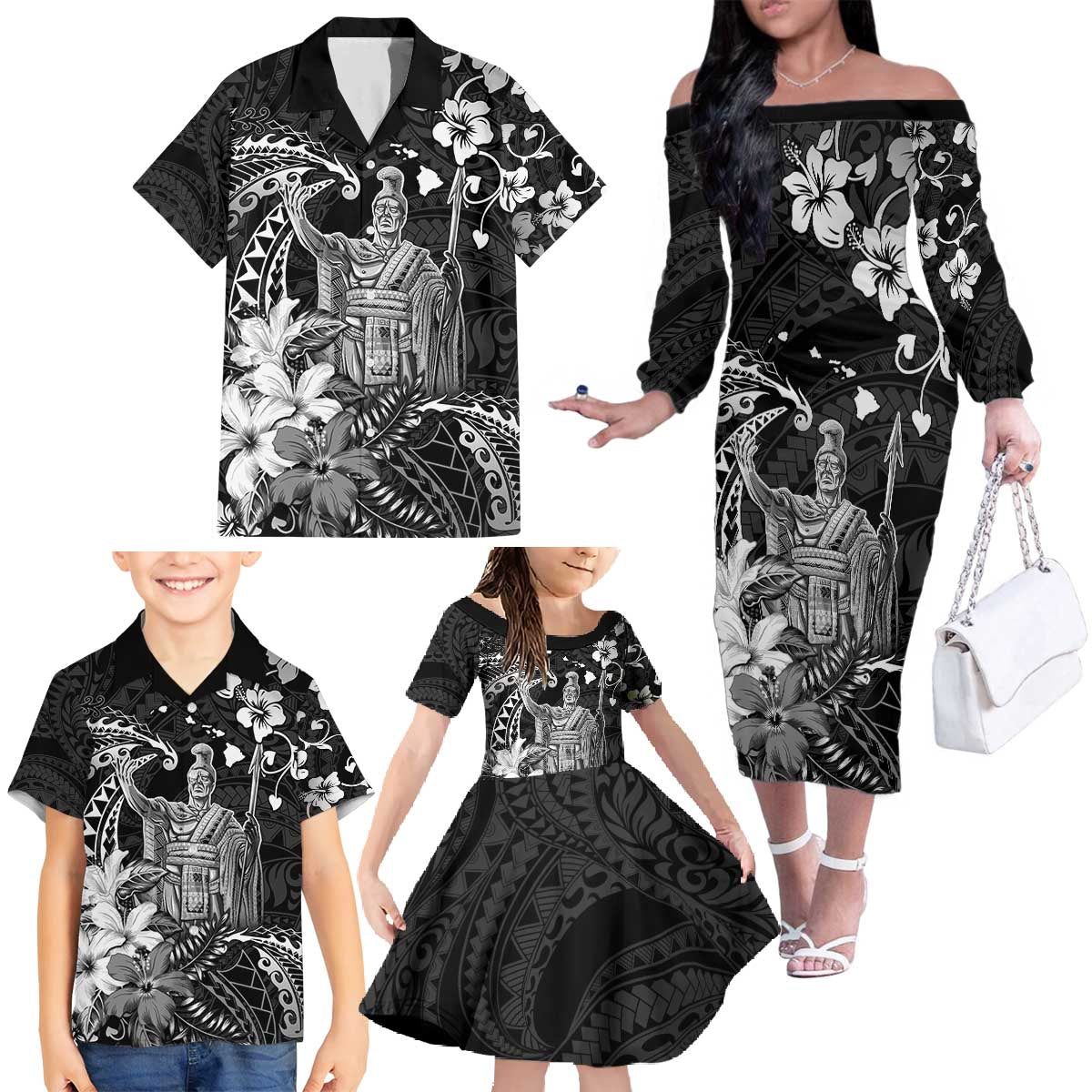 Hawaii King Kamehameha Day Family Matching Off The Shoulder Long Sleeve Dress and Hawaiian Shirt Polynesian Pattern Mix Hibiscus Black