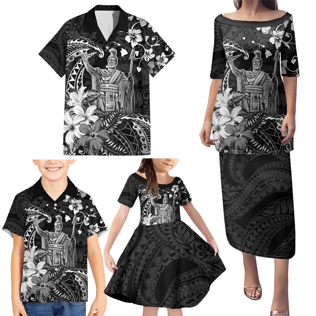 Hawaii King Kamehameha Day Family Matching Puletasi and Hawaiian Shirt Polynesian Pattern Mix Hibiscus Black