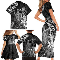 Hawaii King Kamehameha Day Family Matching Short Sleeve Bodycon Dress and Hawaiian Shirt Polynesian Pattern Mix Hibiscus Black