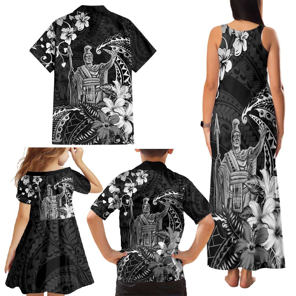 Hawaii King Kamehameha Day Family Matching Tank Maxi Dress and Hawaiian Shirt Polynesian Pattern Mix Hibiscus Black