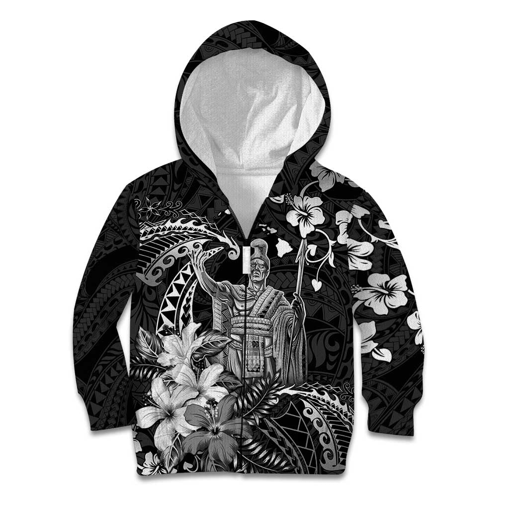 Hawaii King Kamehameha Day Kid Hoodie Polynesian Pattern Mix Hibiscus Black