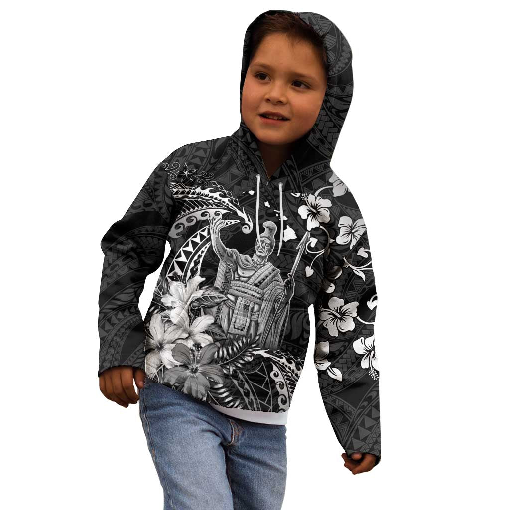 Hawaii King Kamehameha Day Kid Hoodie Polynesian Pattern Mix Hibiscus Black