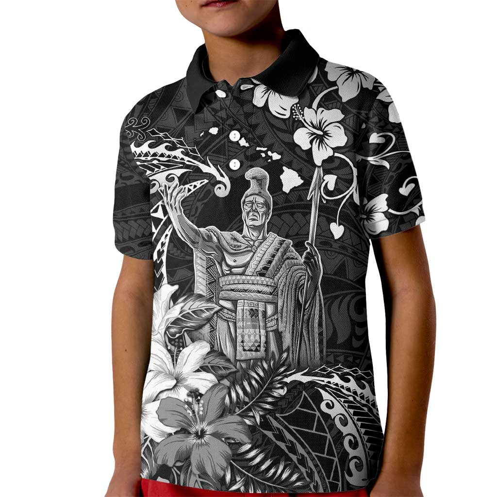 Hawaii King Kamehameha Day Kid Polo Shirt Polynesian Pattern Mix Hibiscus Black