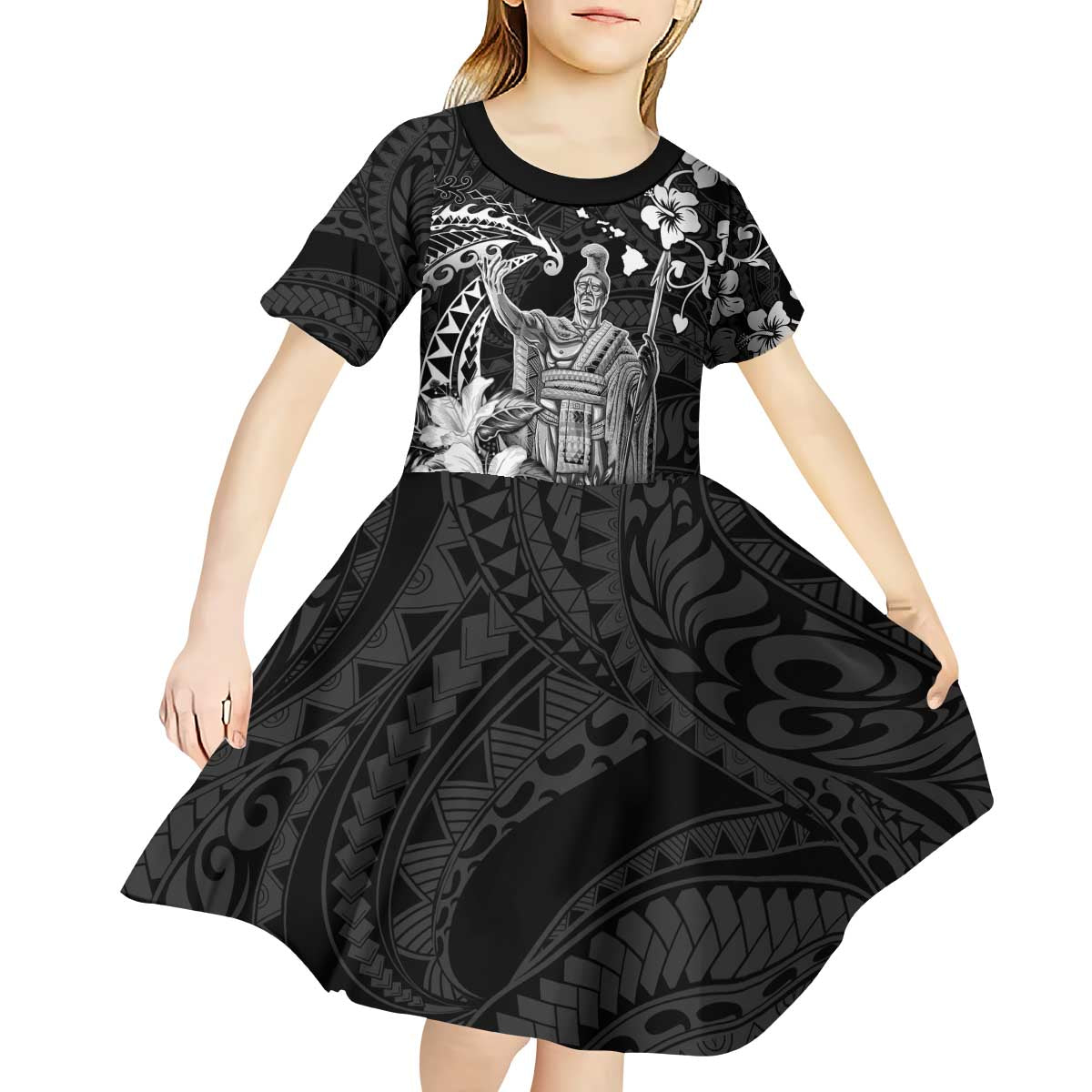 Hawaii King Kamehameha Day Kid Short Sleeve Dress Polynesian Pattern Mix Hibiscus Black