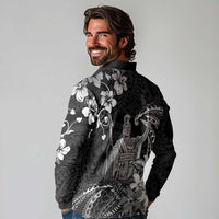 Hawaii King Kamehameha Day Long Sleeve Polo Shirt Polynesian Pattern Mix Hibiscus Black