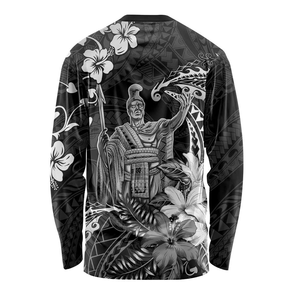 Hawaii King Kamehameha Day Long Sleeve Shirt Polynesian Pattern Mix Hibiscus Black