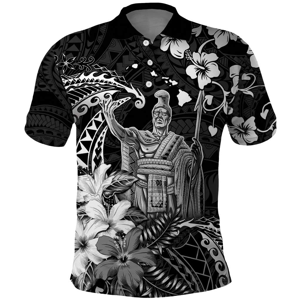 Hawaii King Kamehameha Day Polo Shirt Polynesian Pattern Mix Hibiscus Black