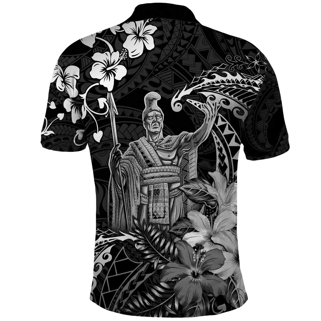 Hawaii King Kamehameha Day Polo Shirt Polynesian Pattern Mix Hibiscus Black