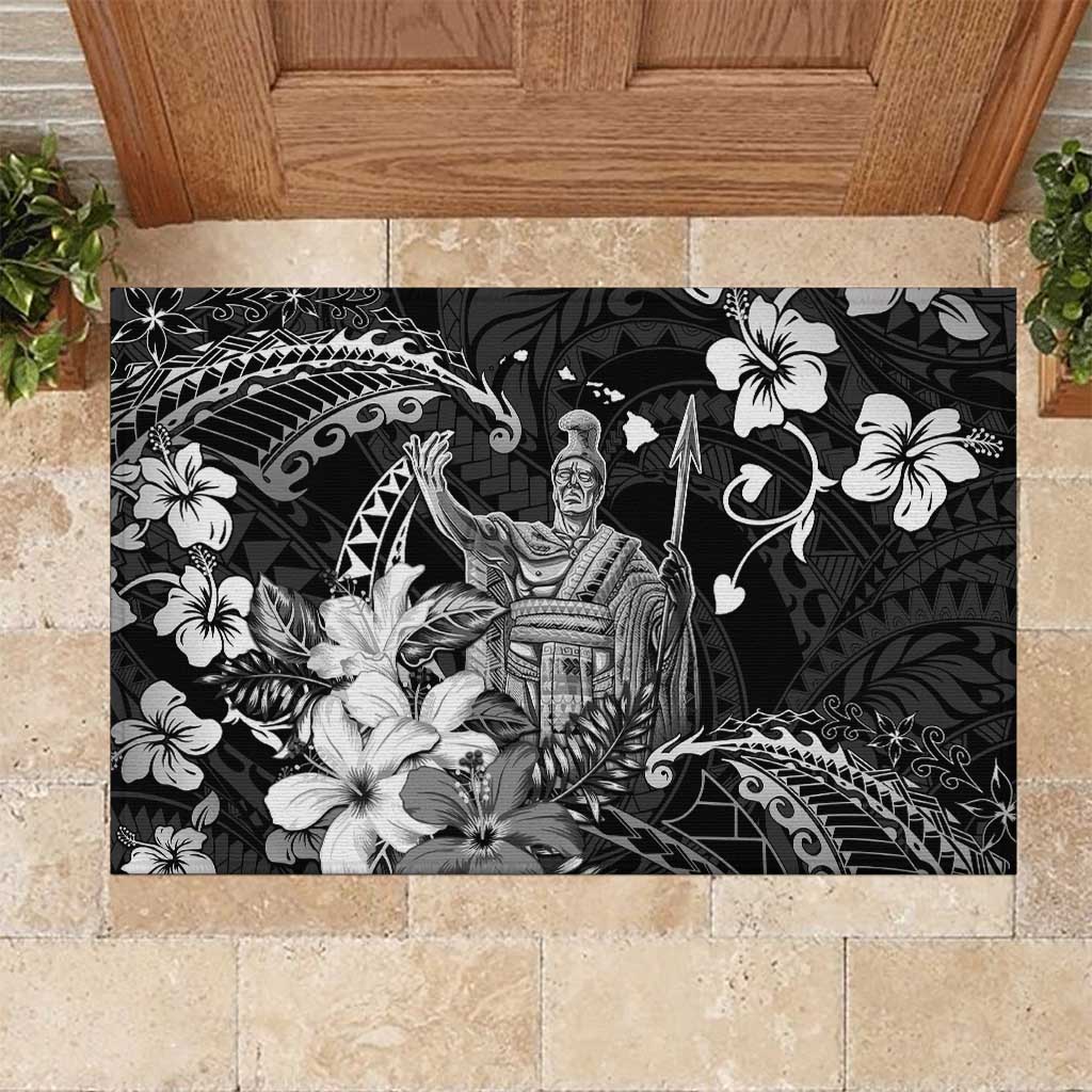 Hawaii King Kamehameha Day Rubber Doormat Polynesian Pattern Mix Hibiscus Black