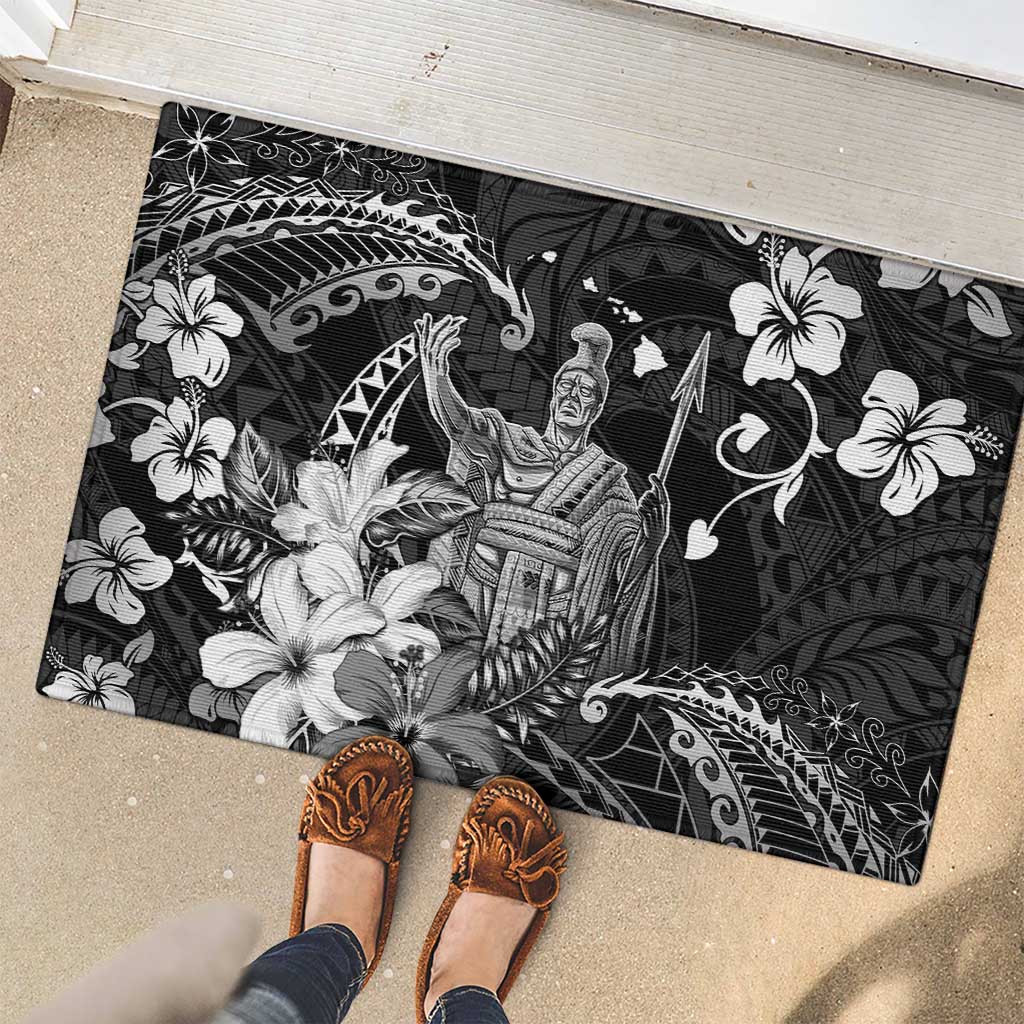 Hawaii King Kamehameha Day Rubber Doormat Polynesian Pattern Mix Hibiscus Black