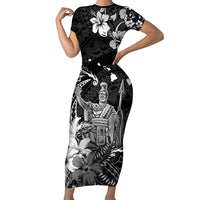 Hawaii King Kamehameha Day Short Sleeve Bodycon Dress Polynesian Pattern Mix Hibiscus Black
