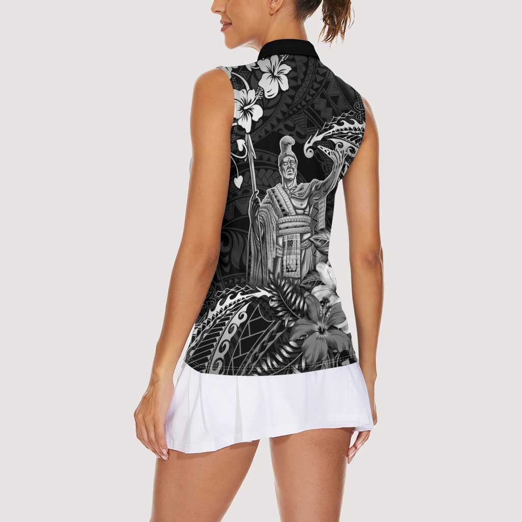 Hawaii King Kamehameha Day Women Sleeveless Polo Shirt Polynesian Pattern Mix Hibiscus Black