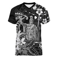 Hawaii King Kamehameha Day Women V-Neck T-Shirt Polynesian Pattern Mix Hibiscus Black