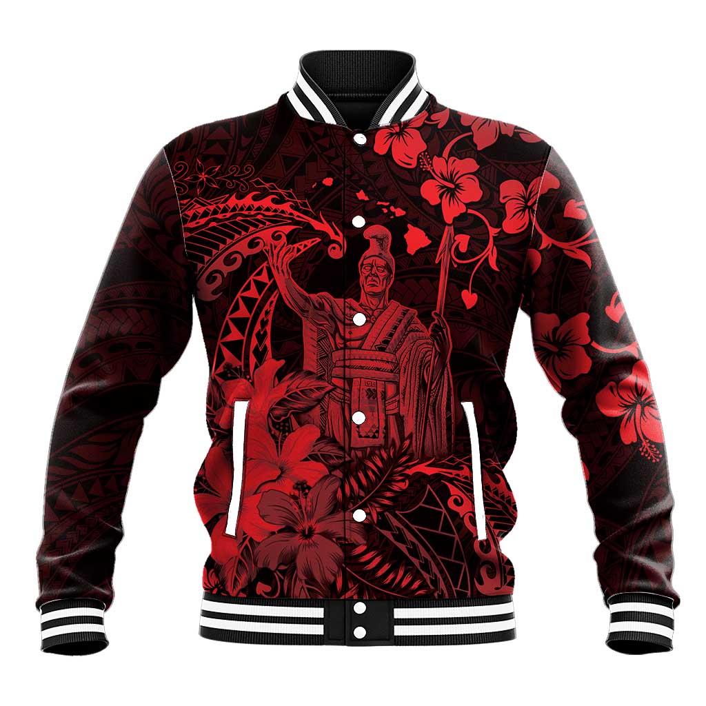 Hawaii King Kamehameha Day Baseball Jacket Polynesian Pattern Mix Hibiscus Red