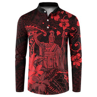 Hawaii King Kamehameha Day Button Sweatshirt Polynesian Pattern Mix Hibiscus Red