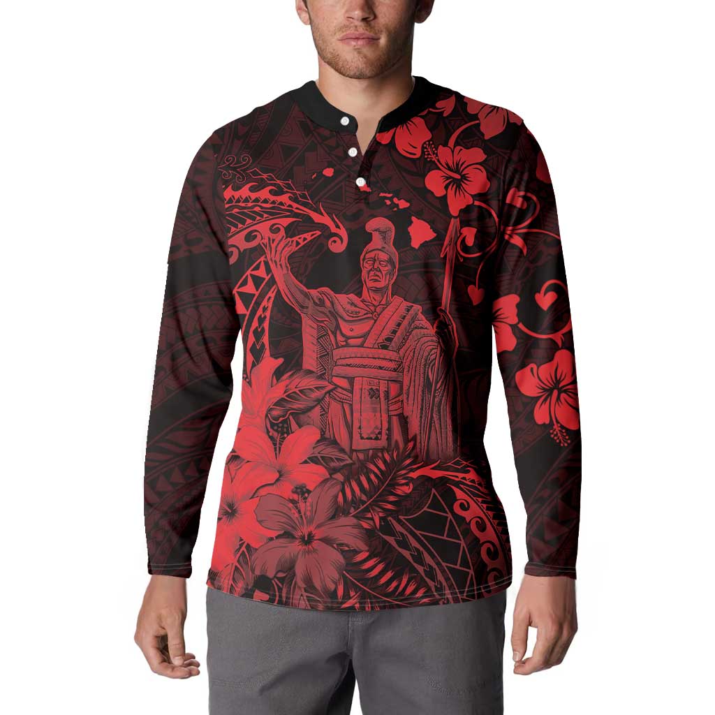Hawaii King Kamehameha Day Button Sweatshirt Polynesian Pattern Mix Hibiscus Red