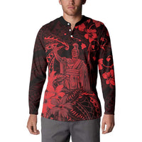 Hawaii King Kamehameha Day Button Sweatshirt Polynesian Pattern Mix Hibiscus Red