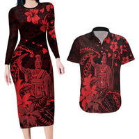 Hawaii King Kamehameha Day Couples Matching Long Sleeve Bodycon Dress and Hawaiian Shirt Polynesian Pattern Mix Hibiscus Red