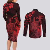 Hawaii King Kamehameha Day Couples Matching Long Sleeve Bodycon Dress and Long Sleeve Button Shirt Polynesian Pattern Mix Hibiscus Red
