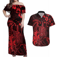 Hawaii King Kamehameha Day Couples Matching Off Shoulder Maxi Dress and Hawaiian Shirt Polynesian Pattern Mix Hibiscus Red