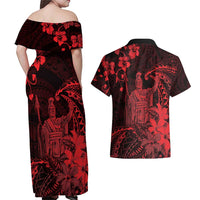 Hawaii King Kamehameha Day Couples Matching Off Shoulder Maxi Dress and Hawaiian Shirt Polynesian Pattern Mix Hibiscus Red